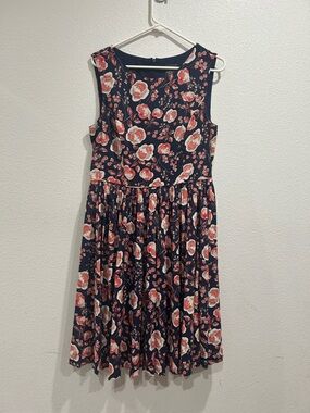 Adrianna Papell Navy Floral Sleeveless Dress pleated midi pink floral Size 14